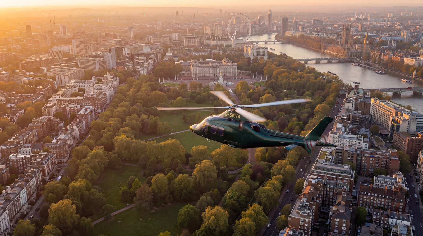 Helicopter flying over a city at golden hour