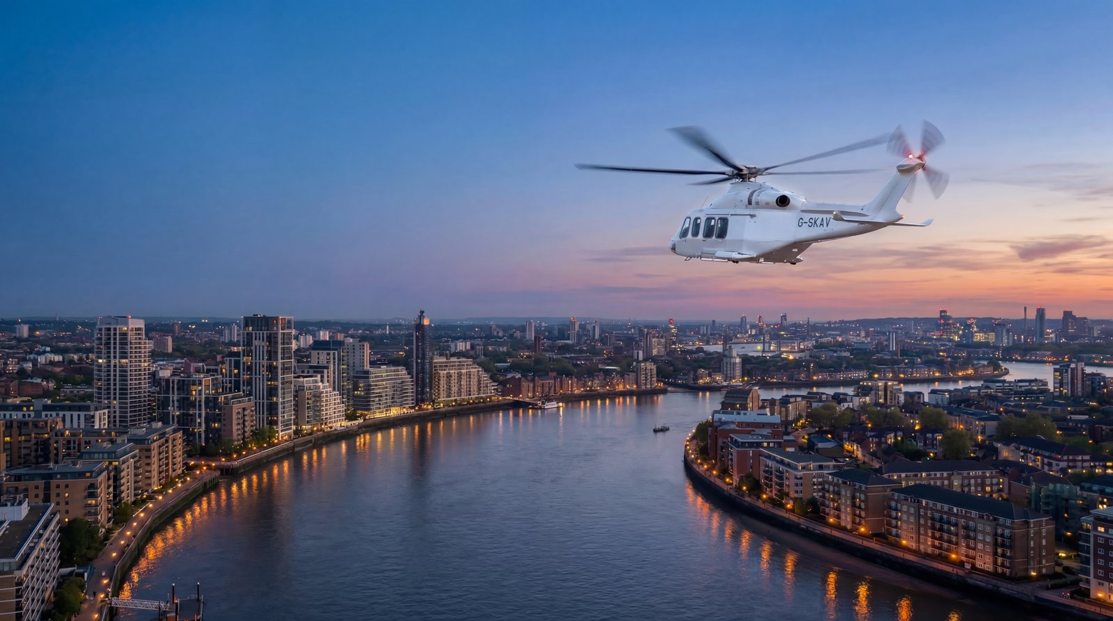 Helicopter over the Thames at dusk