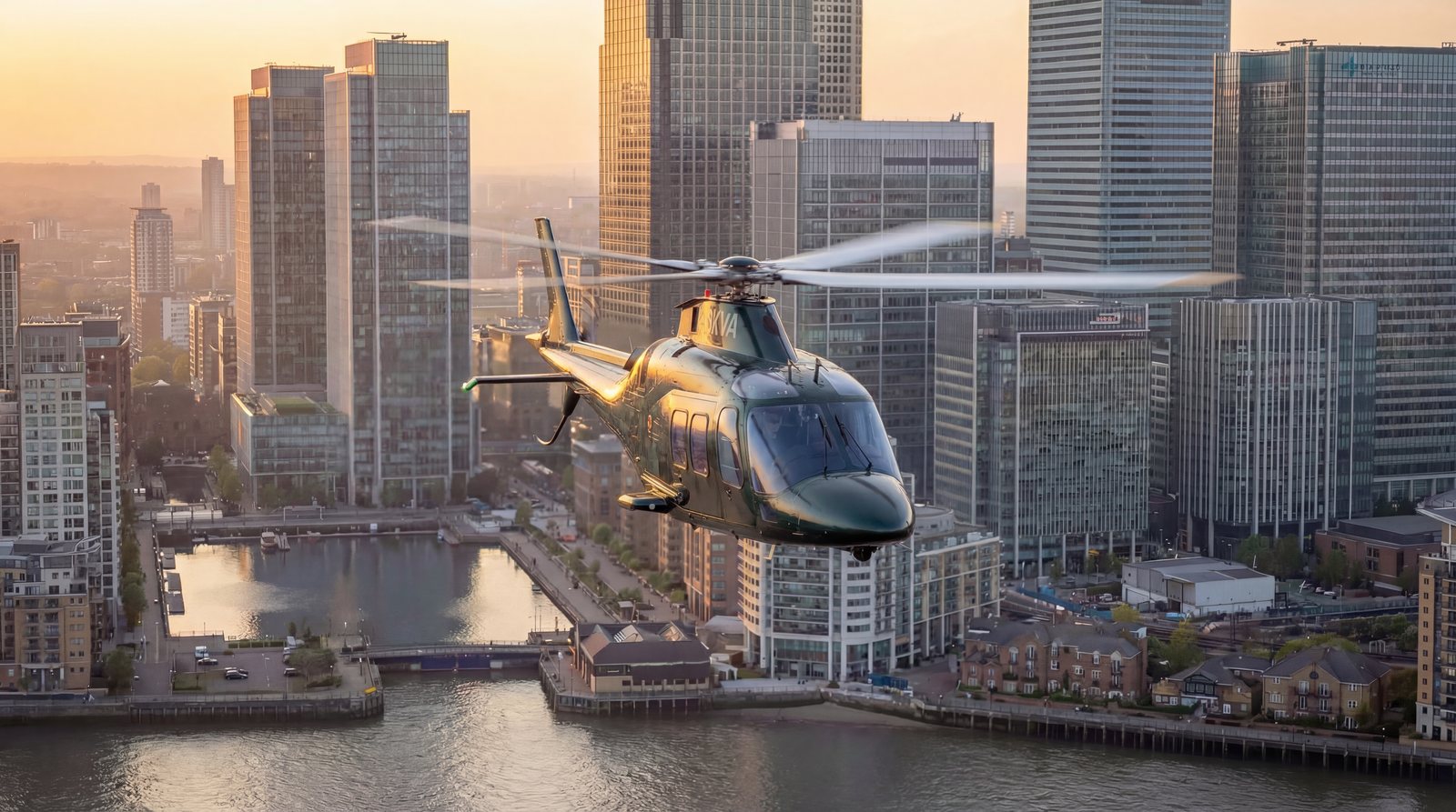 Helicopter flying between city towers