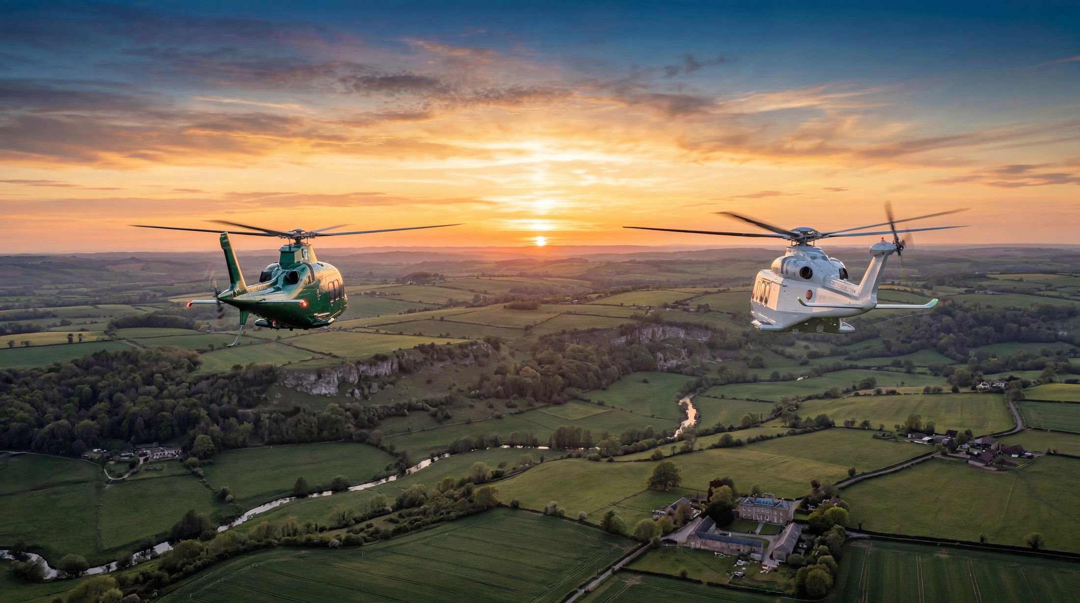 Two helicopters over open countryside at sunrise
