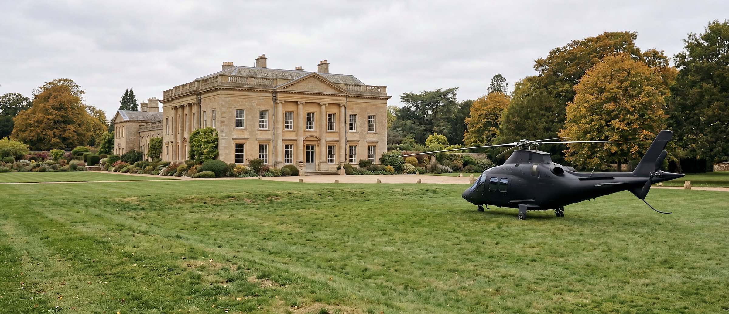 Helicopter on the lawn of a country house