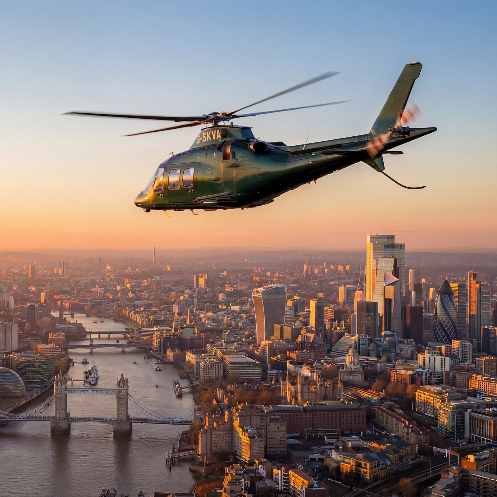Helicopter flying over a city skyline at sunset