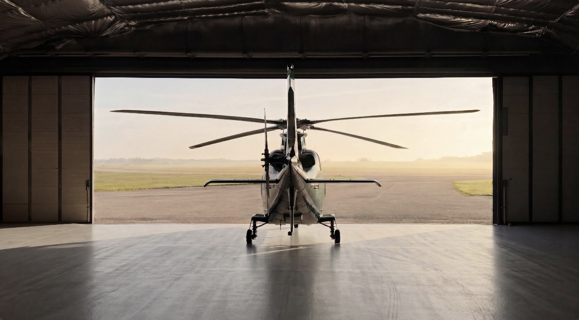 Helicopter facing the open doors of a hangar