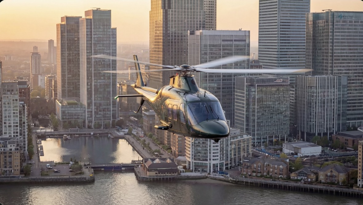 Helicopter flying past high rise towers
