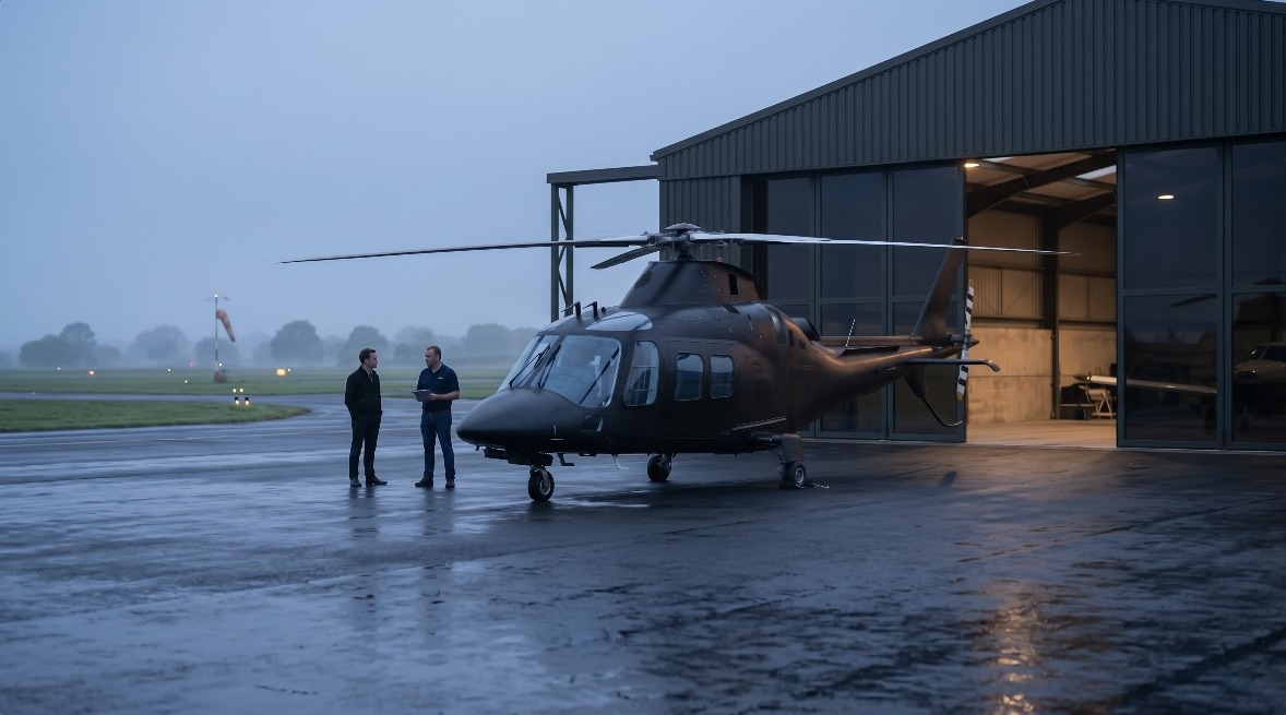 Two crew walking towards a helicopter beside a hangar