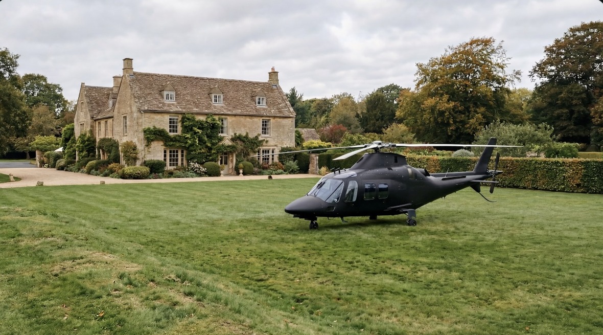 Helicopter on the lawn beside a country house