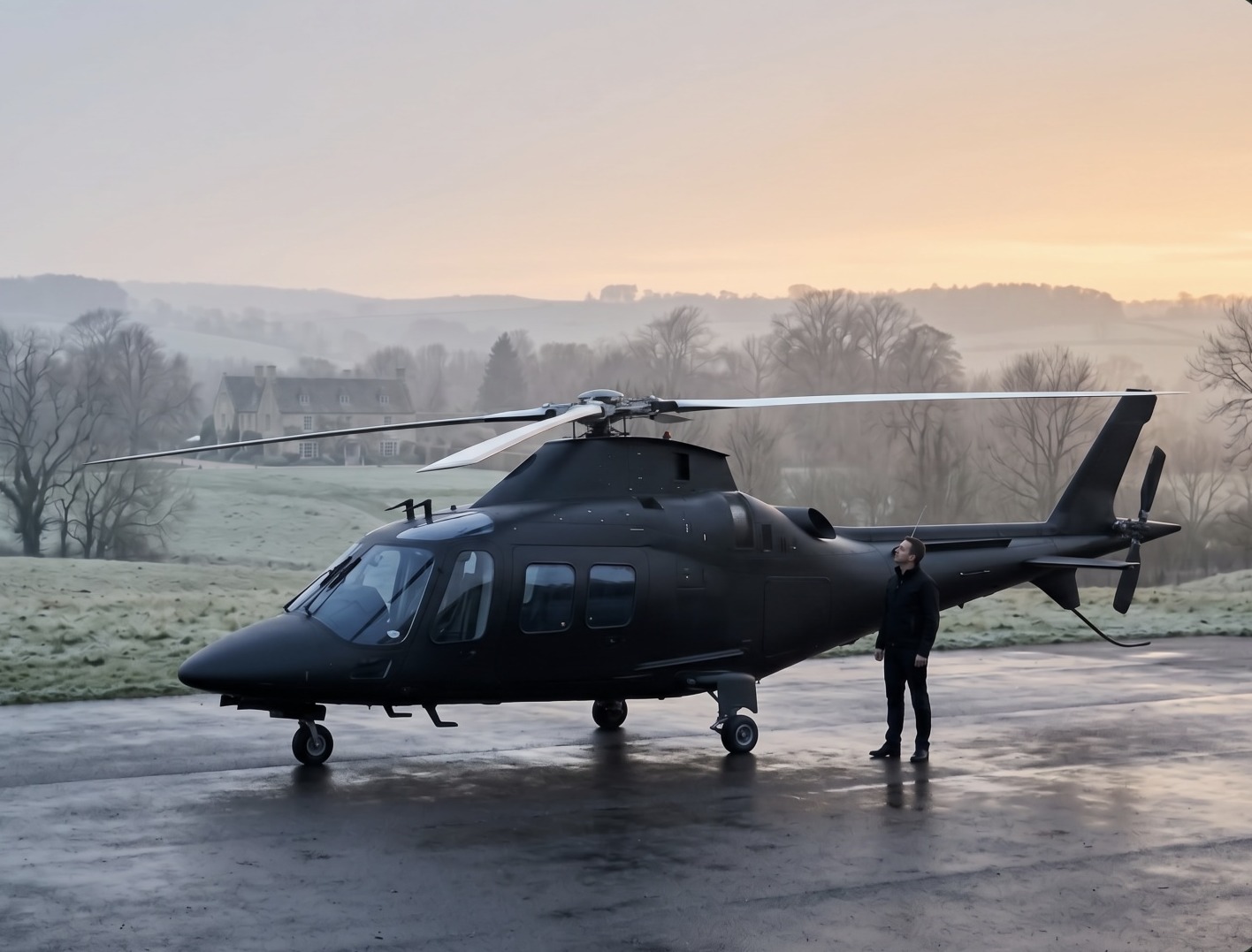 Helicopter flying above green hills