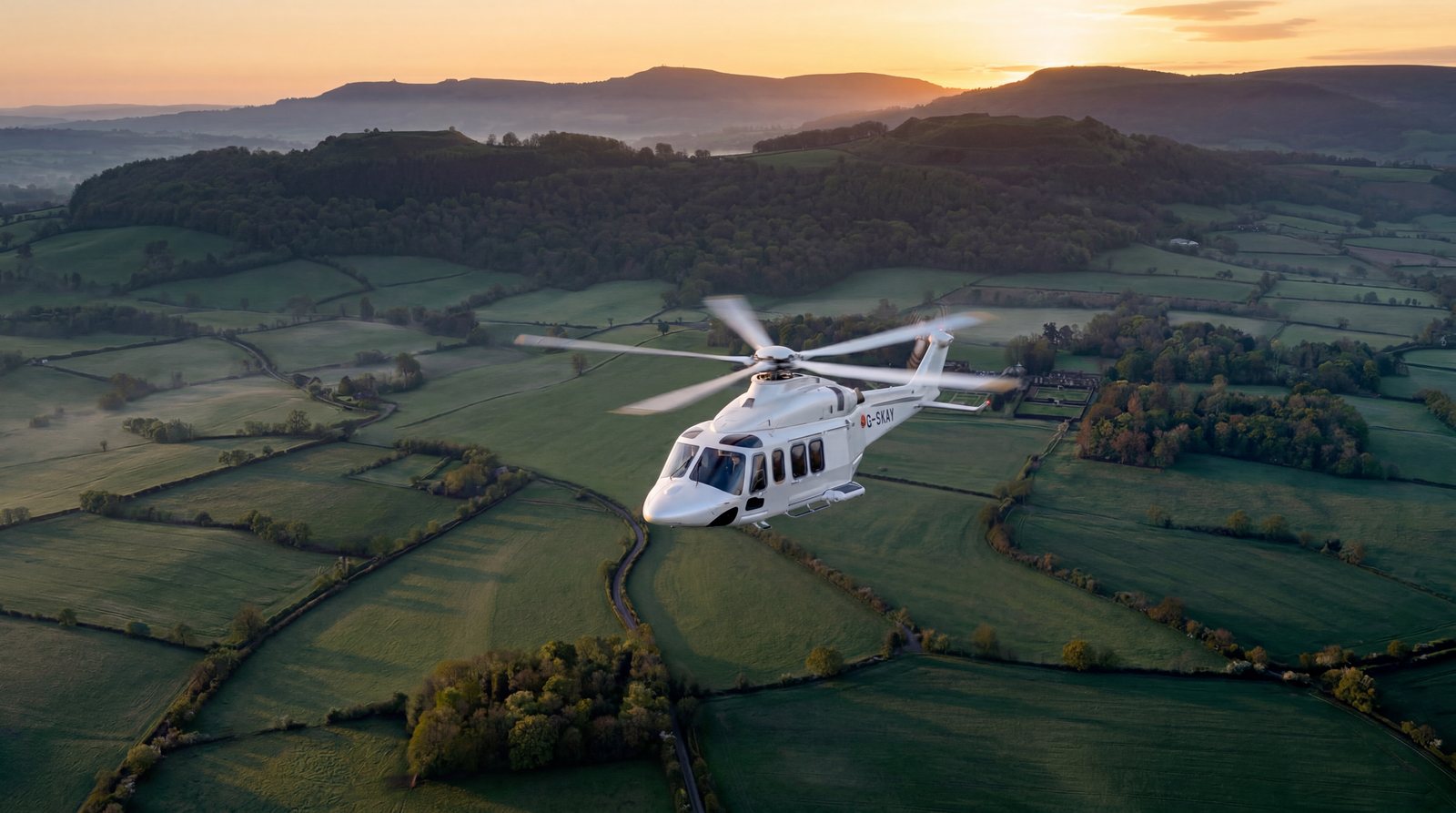 Helicopter flying over farmland