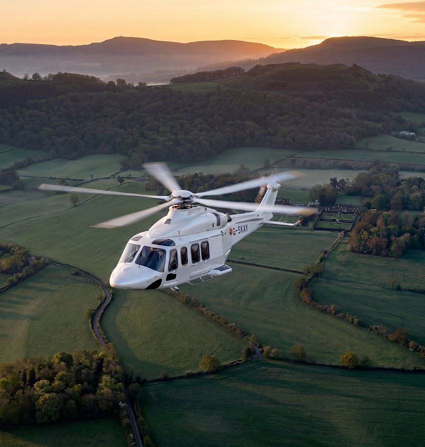Helicopter in flight over open countryside