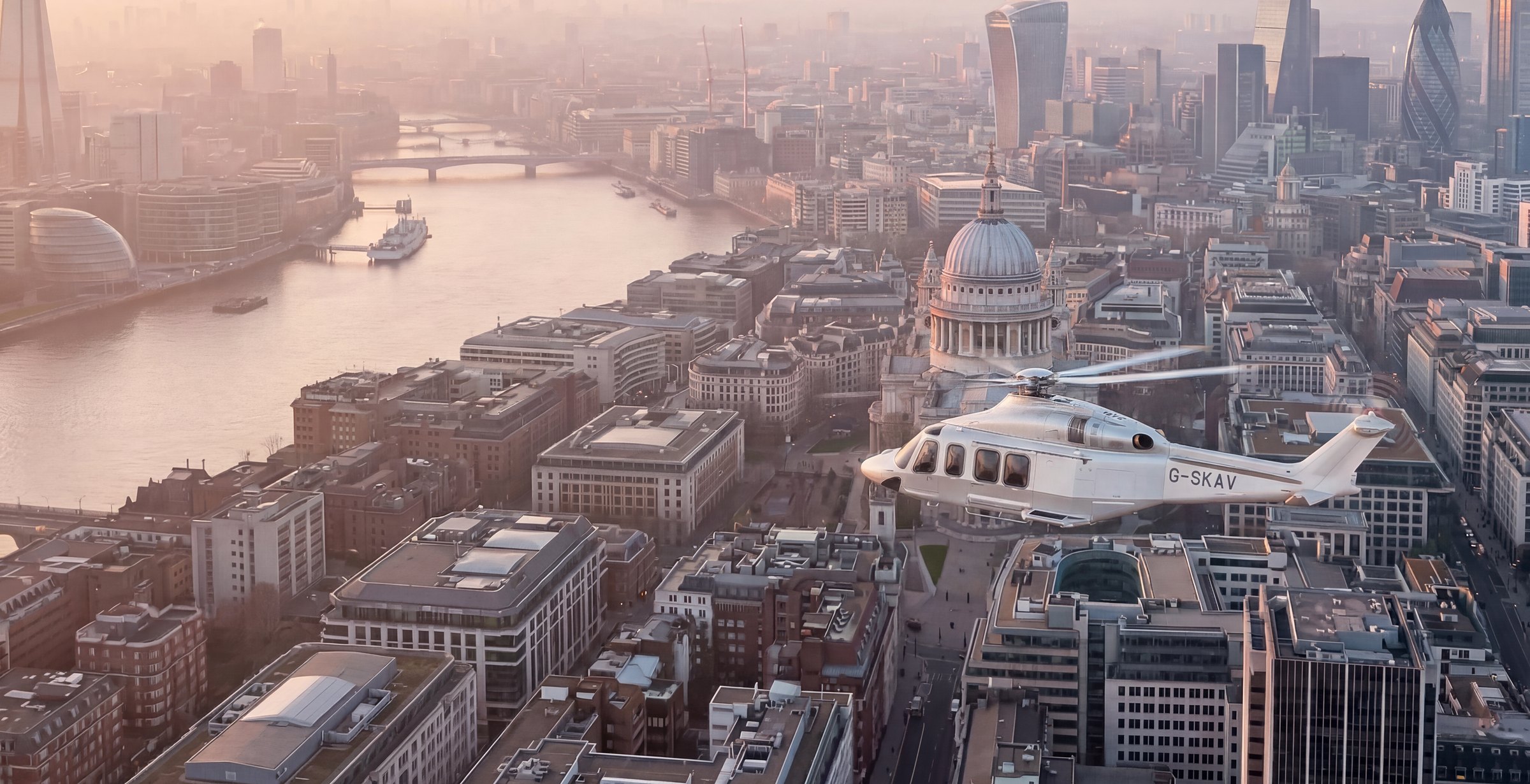 Helicopter over London at sunset